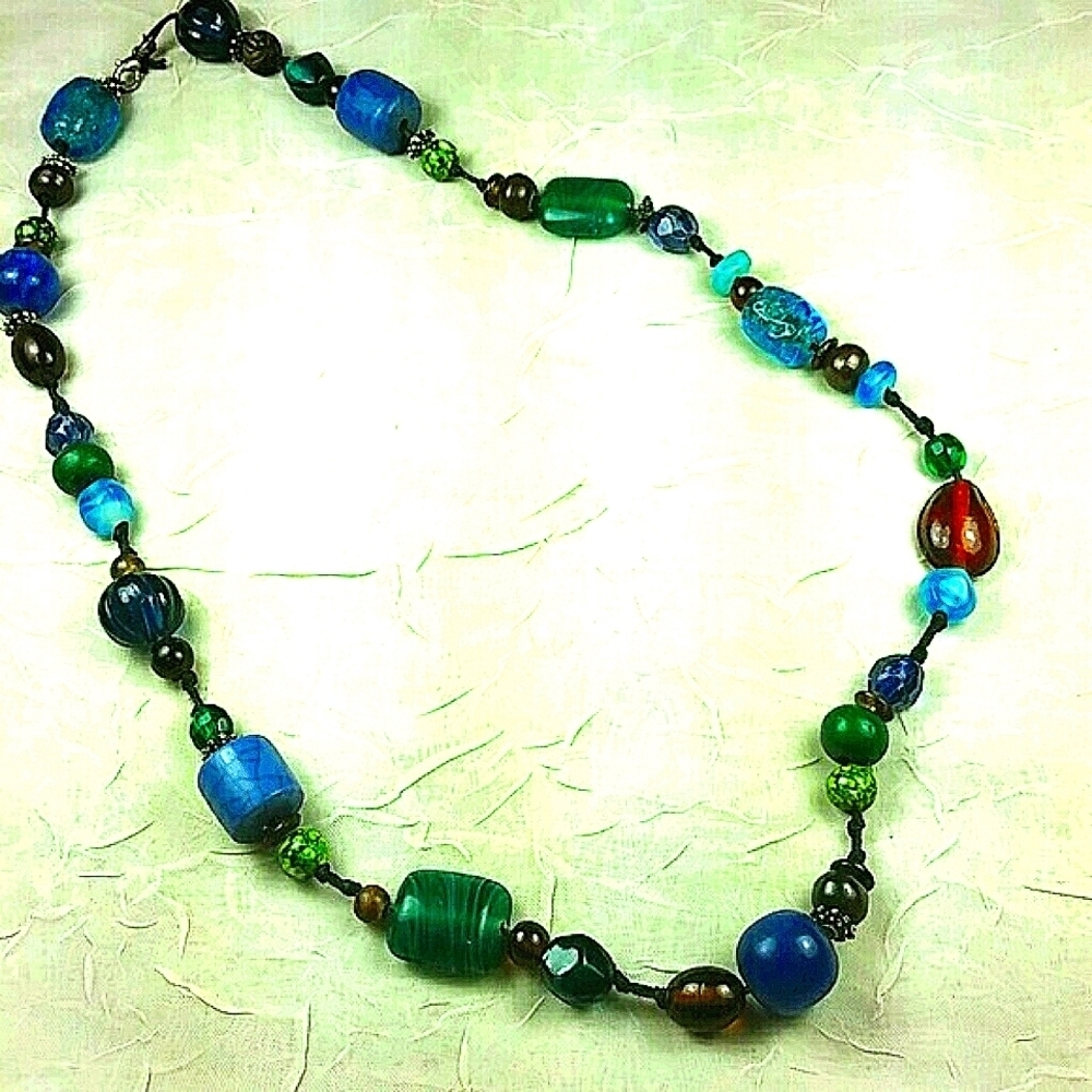 Artisan Glass Bead Necklace Multicolor Blue Green Amber Boho 26" Vintage